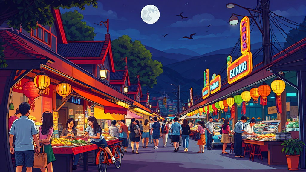 달랏 야시장: 밤을 밝히는 다채로운 길거리 음식의 향연 (cartoon 스타일)