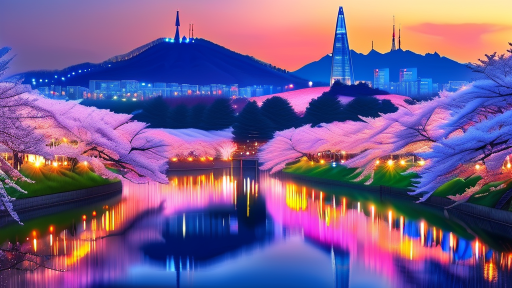 야간 경관 조명과 함께하는 특별한 벚꽃 경험 (realistic 스타일)