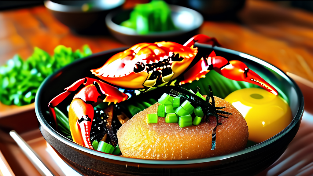 속초 중앙시장에서 놓치지 말아야 할 별미: 술빵, 만두, 홍게/대게 도시락 (realistic 스타일)