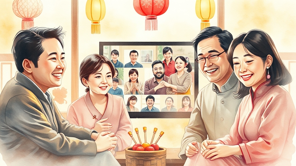 변화하는 명절 풍경: 방문 vs 비대면 (watercolor 스타일)