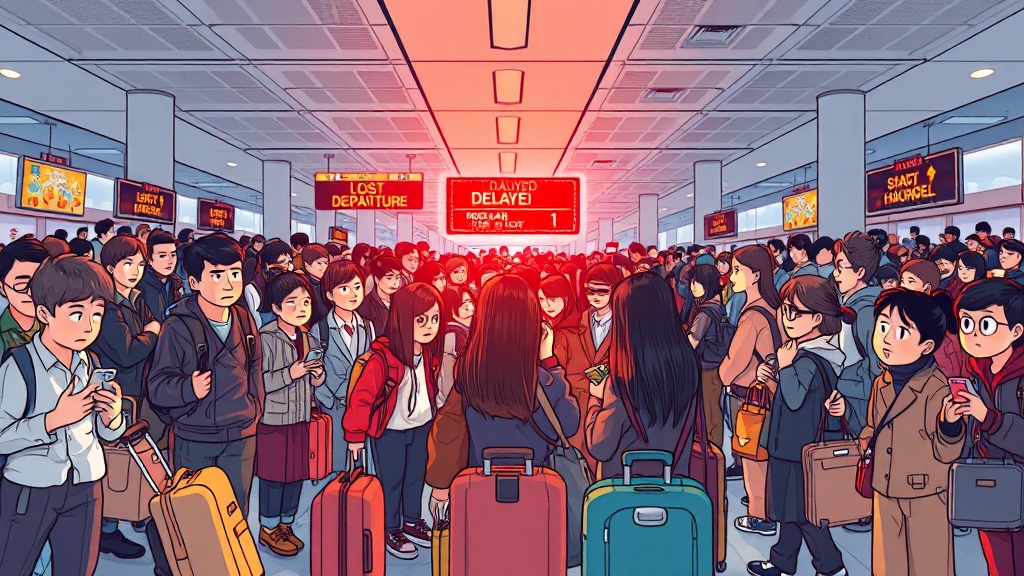 추석 연휴 항공편 운항 차질 전망 (cartoon 스타일)