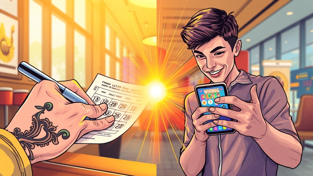 로또 구매법: 온라인 vs 오프라인 (illustration 스타일)