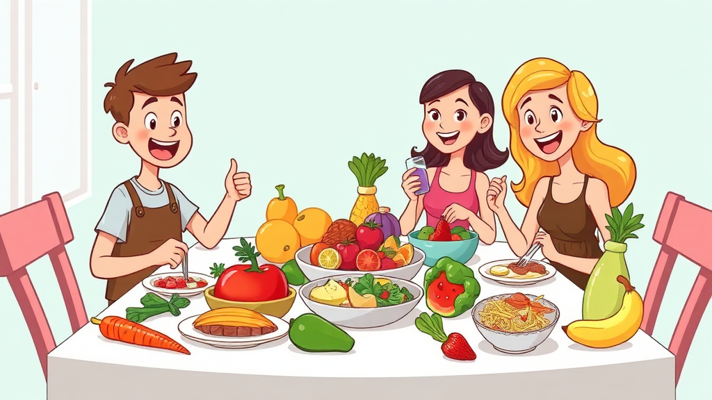 균형 잡힌 식단, 다이어트 핵심 (cartoon 스타일)