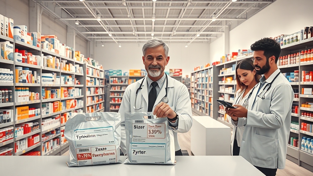 가격 비교! 일반 약국 vs 창고형 약국 (realistic 스타일)
