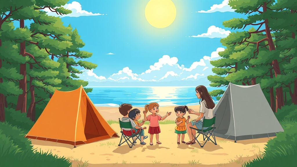 해변 캠핑장 추천 (cartoon 스타일)