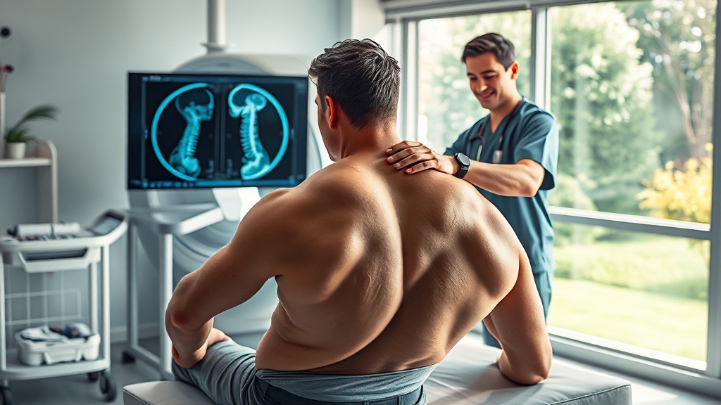 등 통증 진단 및 치료 방법 (realistic 스타일)