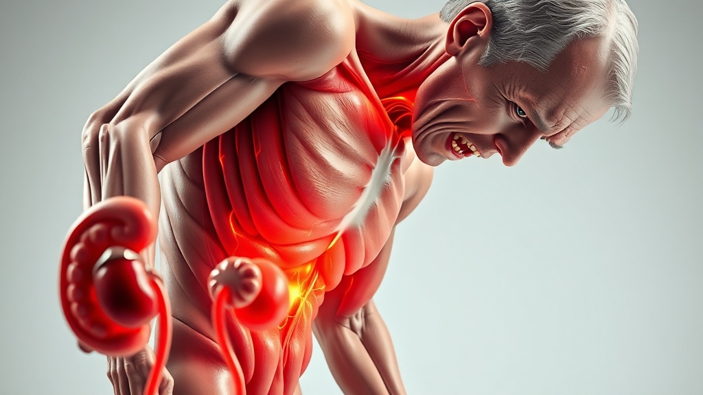 주요 증상: 옆구리 통증, 혈뇨, 빈뇨 (realistic 스타일)