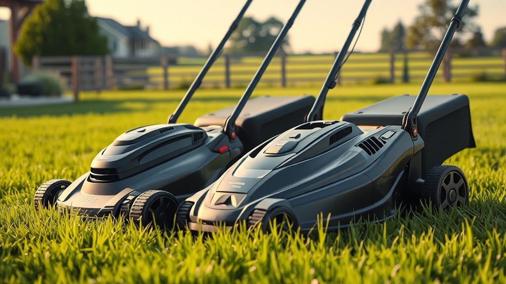 충전식 vs 엔진식 예초기 (realistic 스타일)