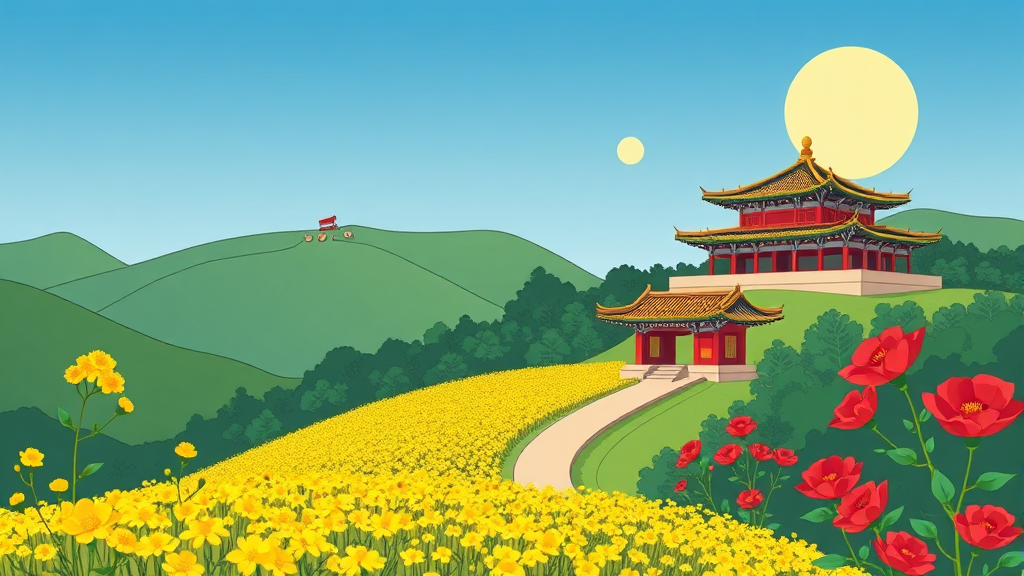 봄꽃과 함께하는 전남 명소: 청산도 & 강진 백련사 (cartoon 스타일)