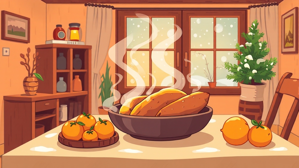 겨울 과일: 귤 & 고구마 (cartoon 스타일)