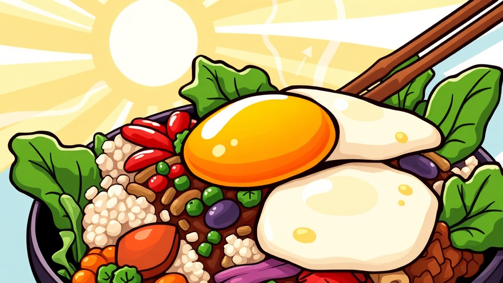 봄동 비빔밥, 다채로운 재료와 조화로운 맛 (cartoon 스타일)