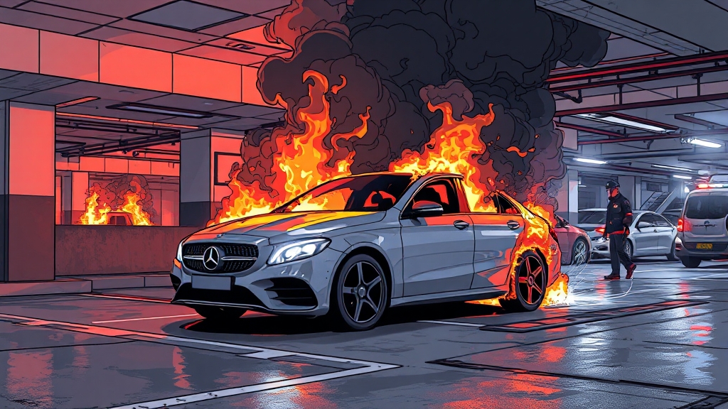벤츠 전기차 화재 발생 (illustration 스타일)