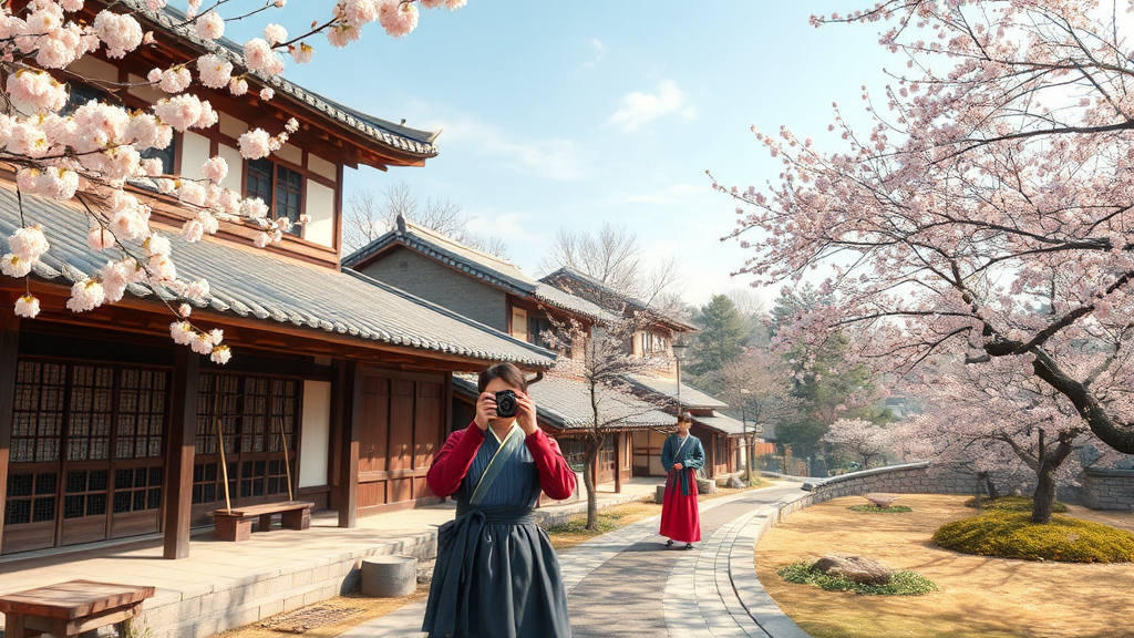 전주 한옥마을: 고즈넉한 봄날의 정취 만끽하기 (realistic 스타일)