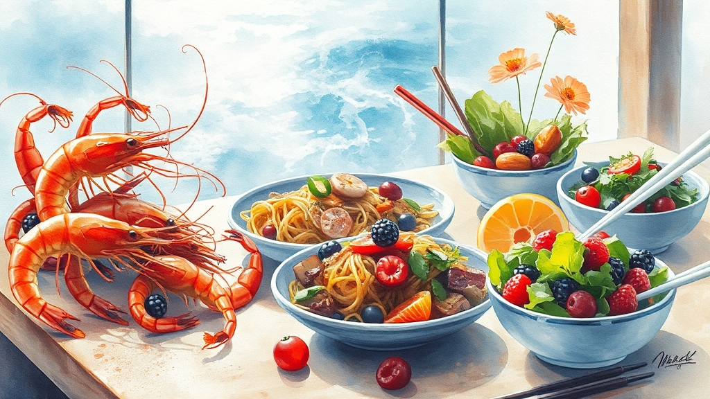 다양한 새우 종류 (watercolor 스타일)