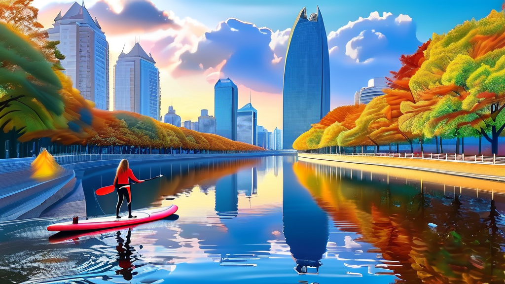 중랑천에서 즐기는 다채로운 수상 스포츠 (realistic 스타일)