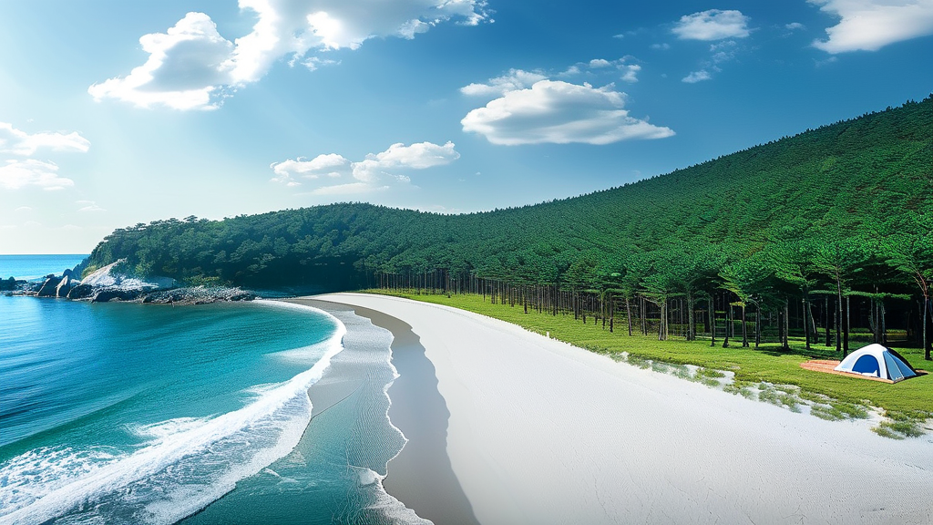 우전 해수욕장: 넓은 백사장과 솔숲 휴식 (realistic 스타일)