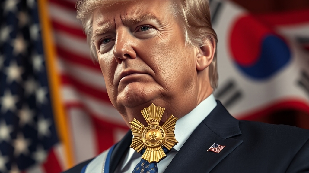 트럼프 수훈 배경과 의미 (realistic 스타일)