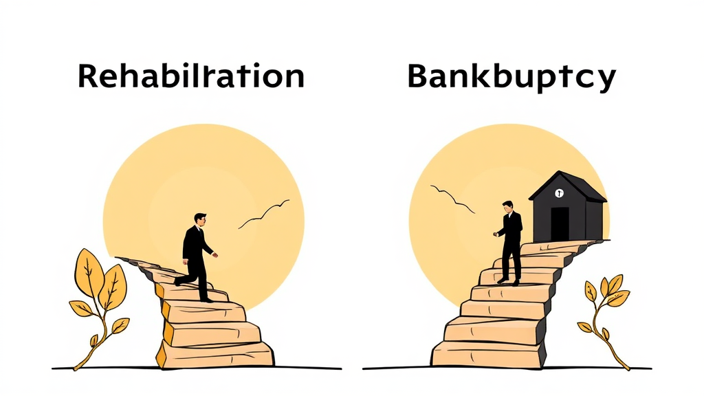 빚 청산의 두 가지 길: 개인회생과 개인파산의 핵심 비교 (illustration 스타일)