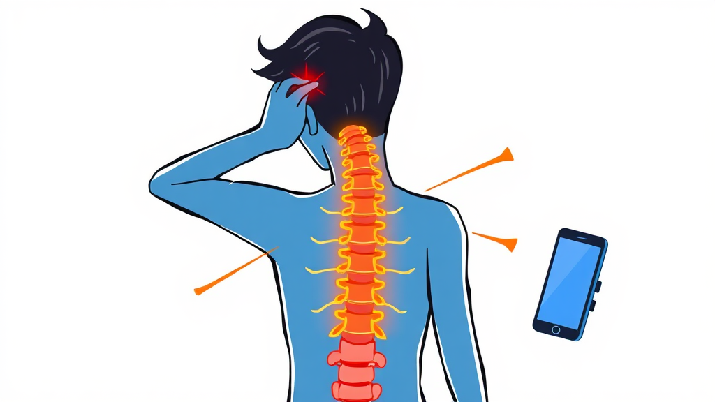 목 디스크의 다양한 증상: 통증, 저림, 두통, 그리고 그 이상 (cartoon 스타일)
