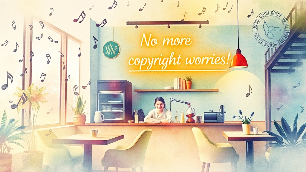 매장 음악 저작권료 지원 제도 (watercolor 스타일)