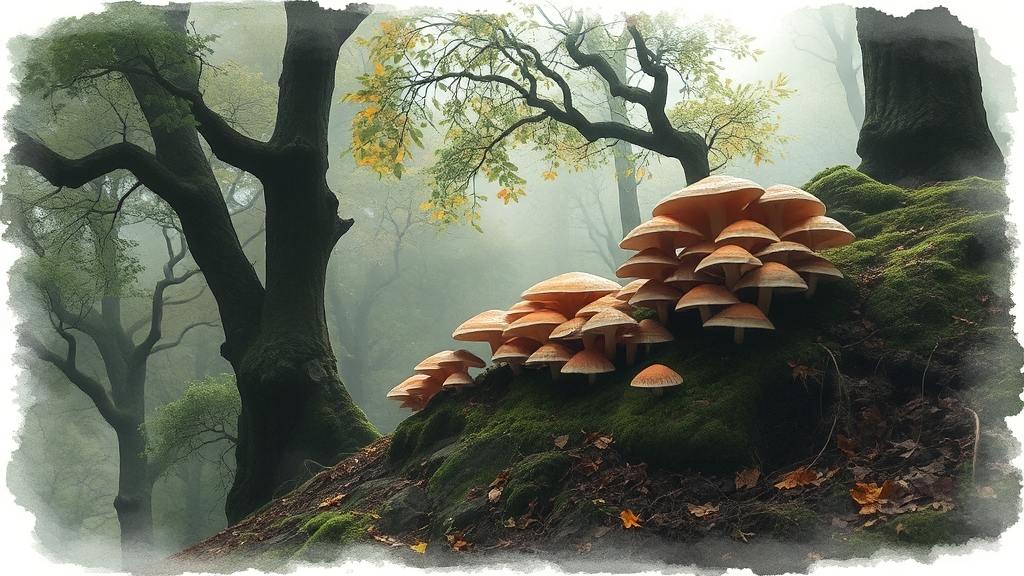 능이버섯 자생지 (watercolor 스타일)