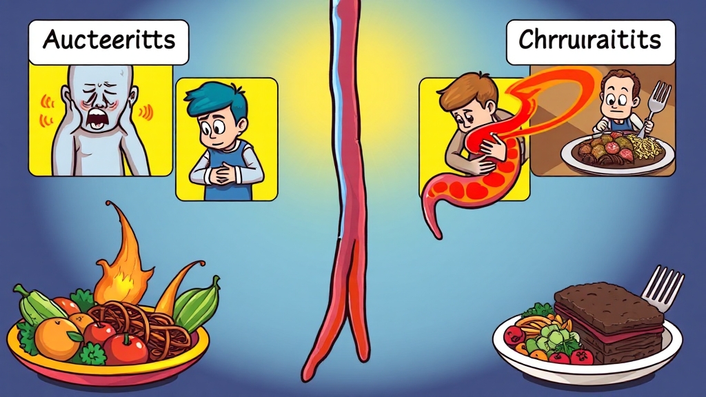 급성 vs 만성 췌장염 증상 비교 (cartoon 스타일)