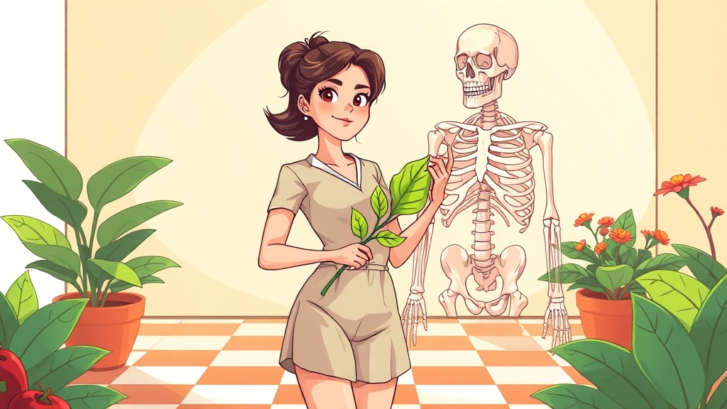 깻잎 효능: 빈혈 & 골다공증 예방 (cartoon 스타일)