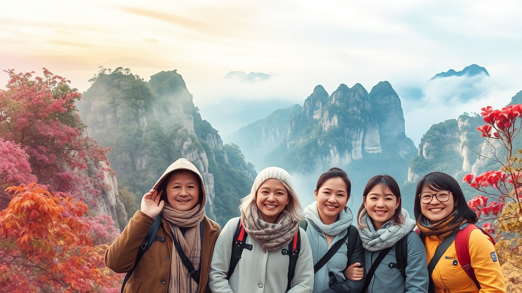 계절별 장가계 날씨 특징 (watercolor 스타일)