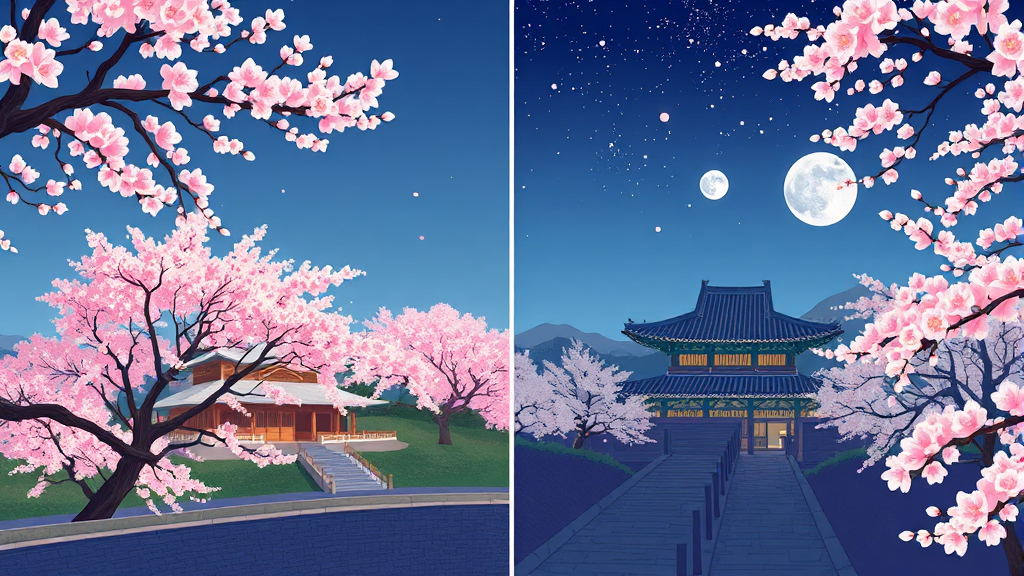 황리단길과 첨성대: 낮과 밤이 아름다운 벚꽃 풍경 (illustration 스타일)