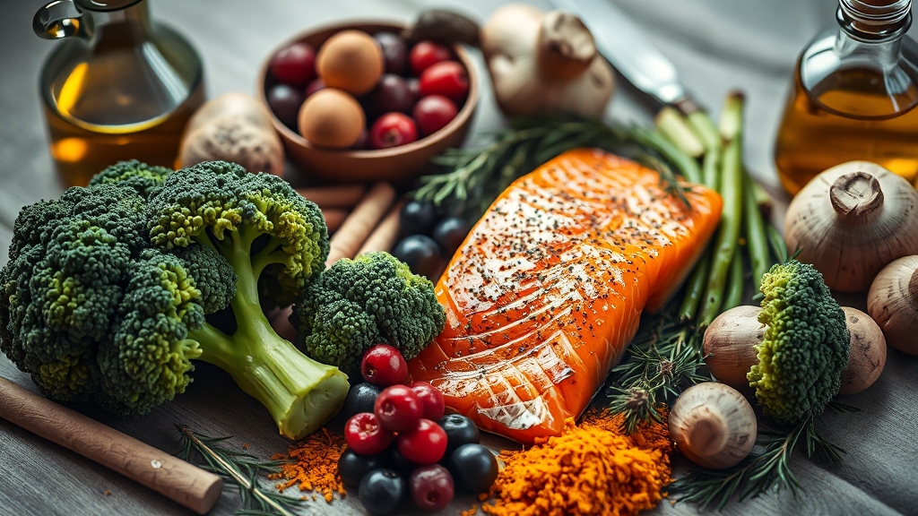 염증 완화에 좋은 음식들 (realistic 스타일)