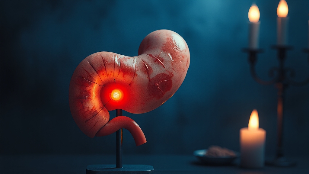 췌장암 등 내장 질환과 등 통증 연관성 (watercolor 스타일)