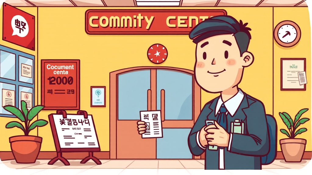 주민센터 방문 발급 방법 (cartoon 스타일)
