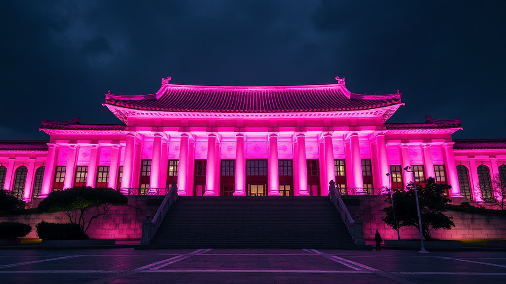 야외 핑크 라이팅: 박물관을 물들인 블랙핑크의 감성 (realistic 스타일)