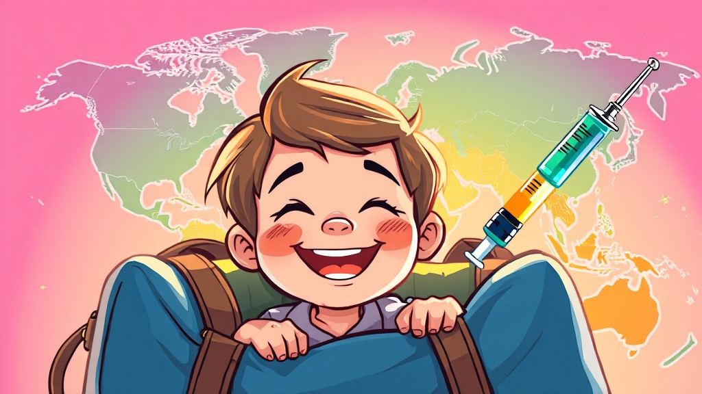 해외여행 시 홍역 예방접종 중요성 (cartoon 스타일)