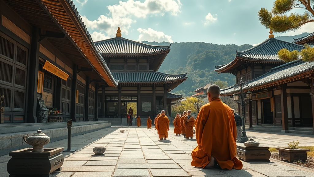 백양사 템플스테이 프로그램: 명상, 불경, 그리고 사찰 음식 체험 (realistic 스타일)