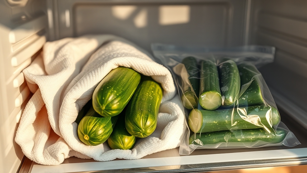 냉장고 속 오이, 이렇게 보관하세요! (realistic 스타일)
