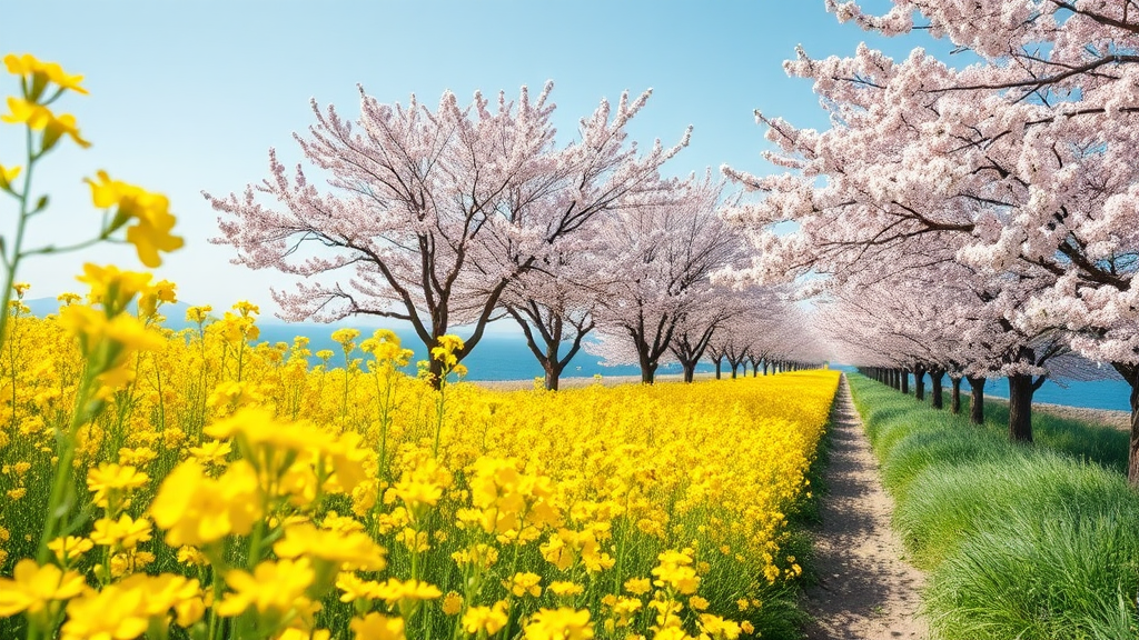 강원도 3월 추천 여행지: 삼척, 양양의 봄꽃 절정 (realistic 스타일)