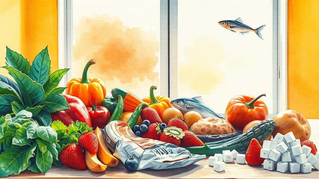 항염증 식단 실천 팁 & 피해야 할 음식 (watercolor 스타일)