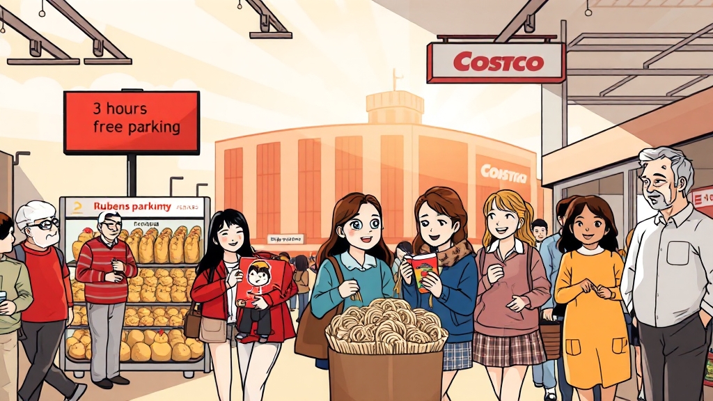코스트코 방문 꿀팁: 주차와 주변 맛집 (cartoon 스타일)