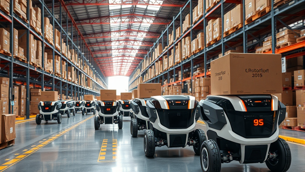 물류창고 로봇 시장: 모바일 로봇이 주인공 (realistic 스타일)