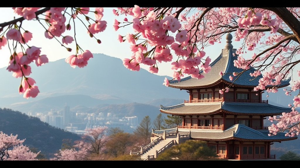 충남 봄 여행 추천: 꽃구경과 함께 즐기는 역사 유적지 (realistic 스타일)