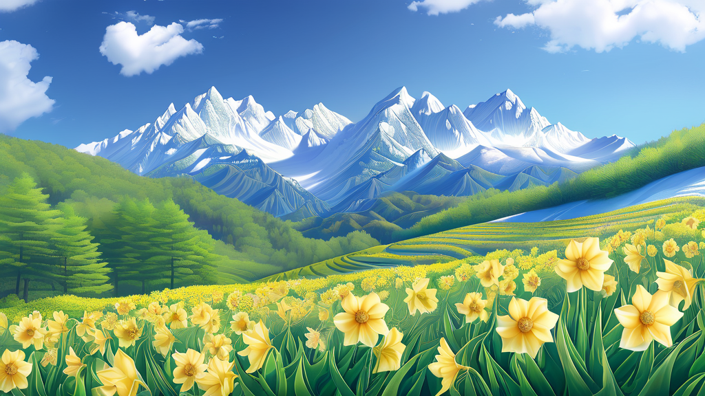 수선화 만개 시기: 노란 물결의 절정 (realistic 스타일)