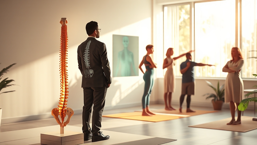 등 통증 원인: 자세, 근육, 디스크 (realistic 스타일)