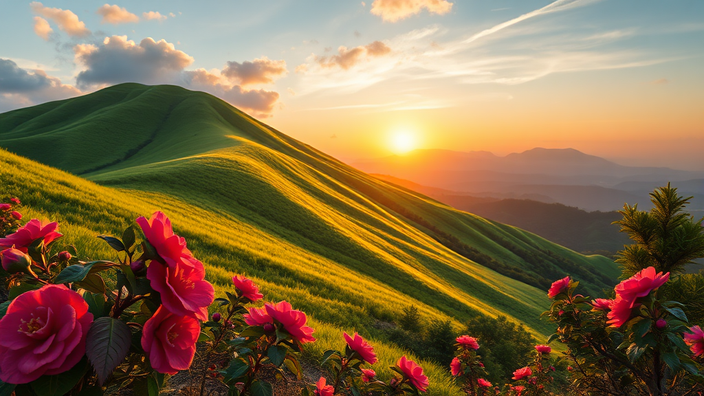 제주 오름: 용눈이오름과 사라봉에서 만나는 봄 (realistic 스타일)