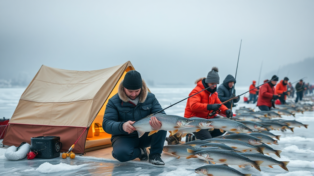 텐트 vs 일반 낚시 (realistic 스타일)