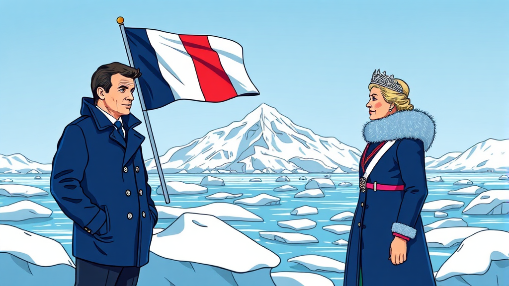 마크롱, 미국의 그린란드 영유권 주장 반박 (illustration 스타일)