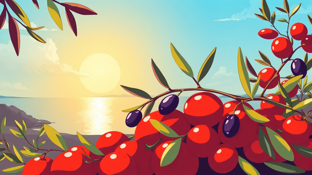 지중해 식단의 핵심, 올리브와 토마토의 효능 (illustration 스타일)