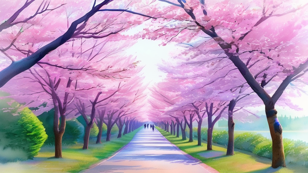 경주 벚꽃 명소 추천: 흥무로 벚꽃길 (watercolor 스타일)