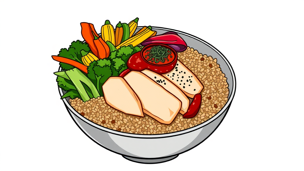 다이어트 현미밥 채소 비빔밥 레시피 (cartoon 스타일)