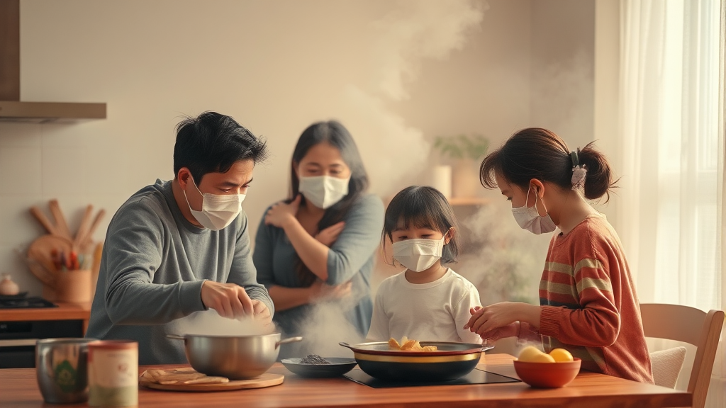 실내 미세먼지 원인과 영향 (watercolor 스타일)